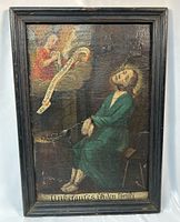 Frontal view of framed oil painting depicting Christ bound at column, angel with scroll, lower inscription visible
