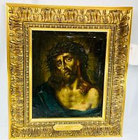 Front view of framed oil painting showing entire artwork and ornate gilded frame