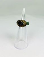 Full view of ring on clear stand showing bezel and band