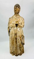 Front view of carved wooden Virgin Mary Santos figure showing overall form and hollowed hands