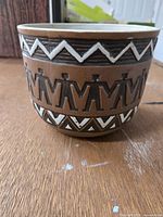 Side view showing human chain motif and zig-zag borders