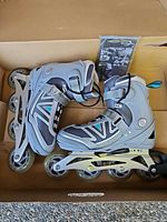 Skates laid flat inside original box with manual visible