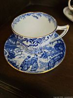 teacup on saucer showing pattern and gold trim