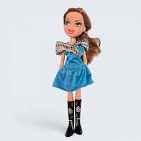 Front view of Bratz doll in blue dress and black boots