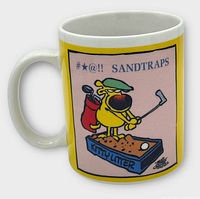 Front view of mug showing Grimmy golfing illustration and caption