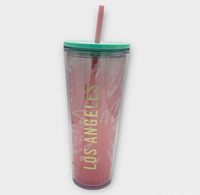 Front view showing Los Angeles gold lettering, lid, straw