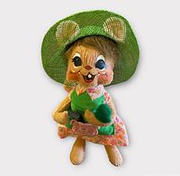 Front view of Annalee gardener mouse showing hat, face, dress, apron