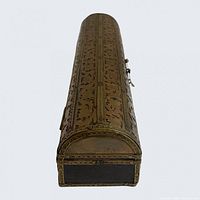 End view showing half-cylindrical shape, brass overlay, and latch