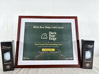 Framed certificate flanked by two Titleist Pro V1 sleeves