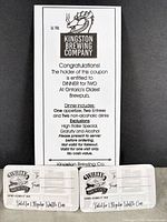 Front view of Kingston Brewing Company dinner for two coupon with two White Mountain waffle cone vouchers below