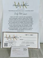 Front view of informational sheet, gift certificate, and business card