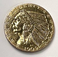 Obverse of 1909 Indian Head $5 gold coin showing Native American portrait and date