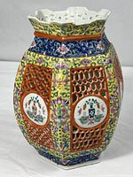 Full view of hexagonal hat stand showing lattice panels and painted decoration