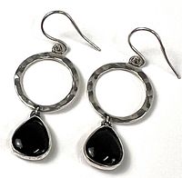 Full view of both earrings showing hammered rings, onyx drops, French hooks