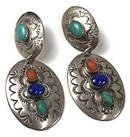 Front view of both sterling silver earrings showing multicolored cabochon stones and stamped designs