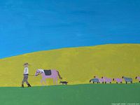 Full painting showing farmer, horse, animals, landscape