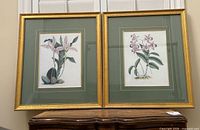 Both framed orchid prints side by side on furniture