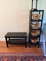 Side table and shelf with baskets side by side