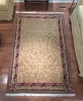 Full view of rug showing pattern, colors, fringe, and surroundings