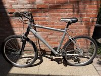 Full side view of silver Raleigh AirLite 200 mountain bike against brick wall