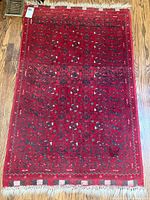 Full view of rug showing pattern, fringes, overall condition