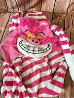 Full view of kigurumi showing hood with Cheshire Cat face and striped body