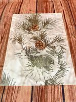 front view of pinecone and snow canvas wall art on wood surface