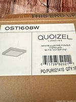 Box with Quoizel label showing model OST1608W, specs and barcode