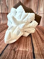 Front angled view of white triceratops head on brown plaque