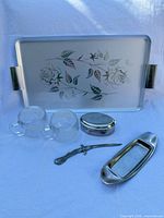 Group shot of all items: tray, two mugs, trinket box, dish, letter opener