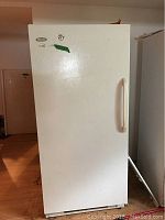 Photo of white Woods upright freezer with visible soiling and loose handle on the door.