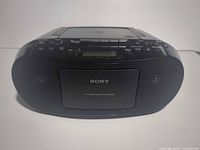 Front view of Sony CFD-S50 boombox showing speakers and cassette door