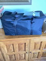 Black zippered storage tote containing car cover
