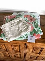 Stacked linens on cabinet