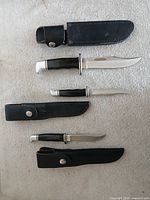 Overview of two Buck knives and three corresponding leather sheaths