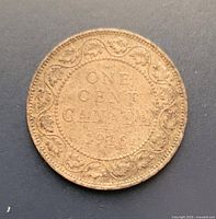 Reverse side of 1916 Canada one cent coin showing denomination and date