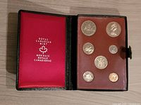 Open case showing red satin lid logo and coin tray