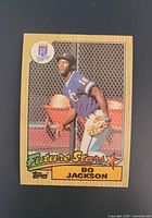 Front of Bo Jackson 1987 Topps rookie card showing image, Future Stars banner, card number