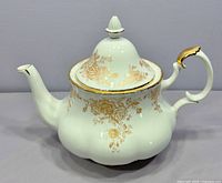 Right side view showing spout, lid, floral pattern
