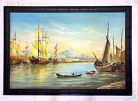 Full framed painting showing entire maritime scene and black frame