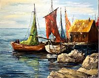 Full view of seascape oil painting with boats, dock and rocks