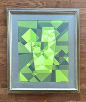 Full view of framed painting showing frame, mat and artwork