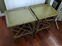Pair of olive green rattan and painted wood side tables