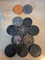 Top view of entire group of twelve pucks arranged on table