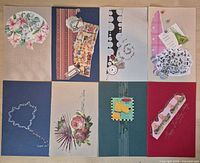 Eight handmade cards showing varied designs and colors