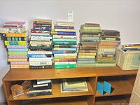 Overall view of book stacks and bookends on shelving