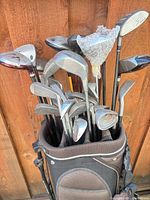 Full view of stand bag with assorted clubs