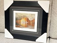 Framed print with corner protectors showing full view and black wood frame