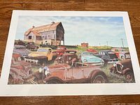 Full view of lithograph showing vintage cars and barn scene