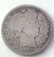 Obverse of 1908 Barber silver quarter